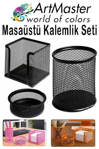 Siyah Masaüstü Fileli Kalemlik Seti 3 Parça 1 Paket 3 lü Masa Üstü Düzenleyici Kalemlik Küp Notluk Ataşlık ürün görseli 1
