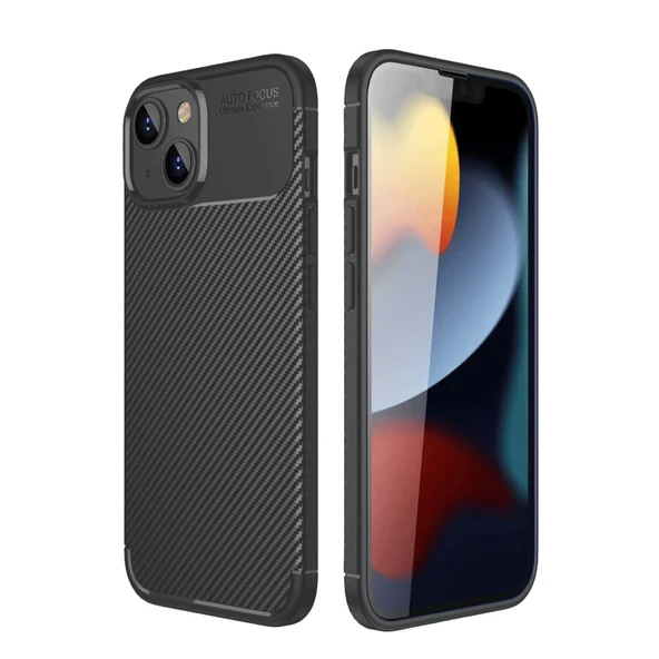iPhone 14 Uyumlu Kılıf Auto Focus Karbon Kapak - Siyah ürün görseli 1