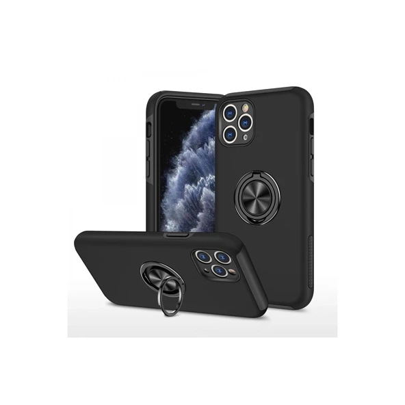 iPhone 11 Uyumlu Pro Max Kılıf Elit Yüzüklü Kapak - Siyah ürün görseli 1