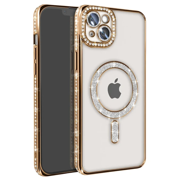iPhone 14 Uyumlu Kılıf Joke Simli Magneticsafe Kılıf - Gold ürün görseli 1