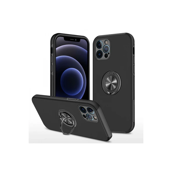 iPhone 12 Pro Max Uyumlu Kılıf Elit Yüzüklü Kapak - Siyah ürün görseli 1