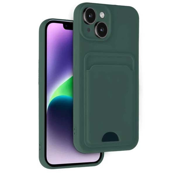 iPhone 14 Uyumlu Kılıf Kelvin Kartvizitli Silikon - Koyu Yeşil ürün görseli 1