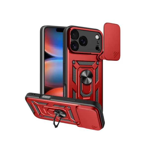 iPhone 17 Pro Uyumlu Pars Lens Yüzüklü Silikon - Kırmızı ürün görseli 1