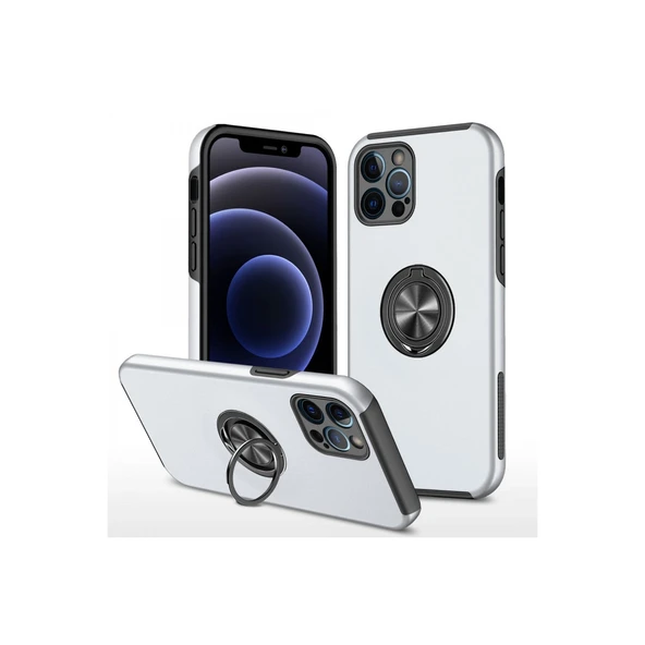 iPhone 12 Uyumlu Pro Kılıf Elit Yüzüklü Kapak - Gümüş ürün görseli 1