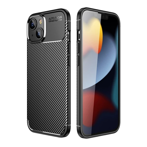 iPhone 14 Uyumlu Plus Kılıf Auto Focus Karbon Kapak - Siyah ürün görseli 1