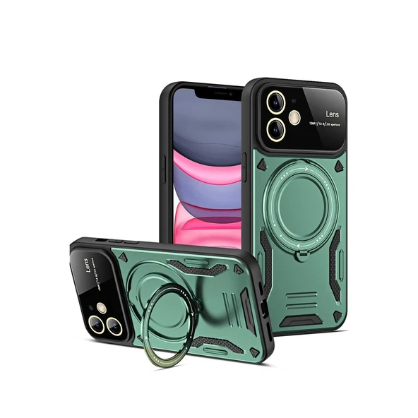 iPhone 11 Uyumlu Kılıf Joy Lens Standlı Kapak - Koyu Yeşil ürün görseli 1