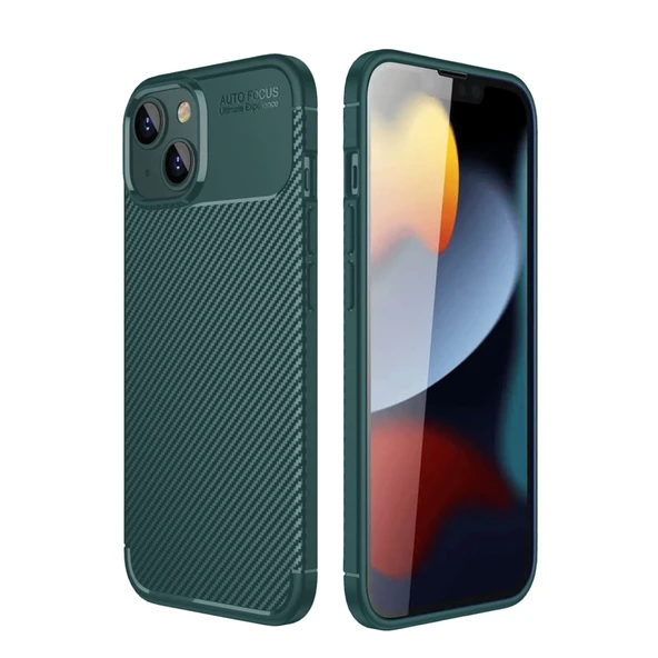 iPhone 14 Uyumlu Kılıf Auto Focus Karbon Kapak - Koyu Yeşil ürün görseli 1