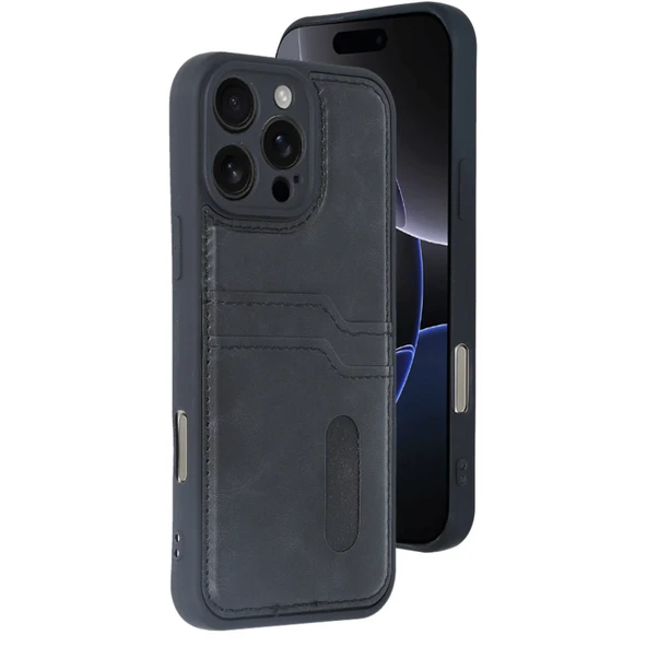 iPhone 16 Pro Max Uyumlu Kılıf Sara Kartvizitli Deri Kılıf - Siyah ürün görseli 1
