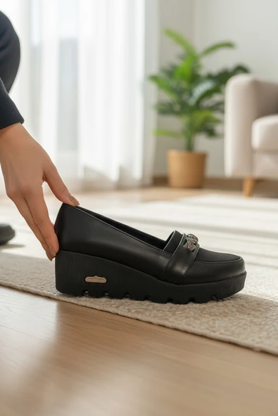 Enoch Tam Ortopedik Dolgu Topuk Taşlı Düğüm Detaylı Siyah Anne Loafer ürün görseli 1