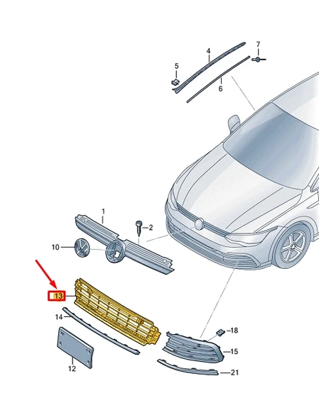 Volkswagen Golf Vııı Ön Tampon Panjuru Kapalı Desenli Sensör Kuşak Delikli 2020- (Oem No:  5H0853677G9B9) ürün görseli 1