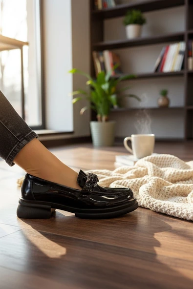 Enoch Kadın Rugan Dokulu Zincir Detaylı Maskülen Comfort Loafer ürün görseli 1