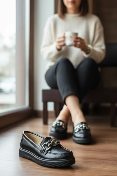 Enoch Kadın Grena Dokulu Kalın Gümüş Zincirli Comfort Taban Loafer ürün görseli 1