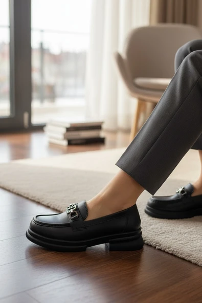 noch Kadın Gümüş Zincir Köprü Aksesuarlı Comfort Tabanlı Maskülen Loafer ürün görseli 1