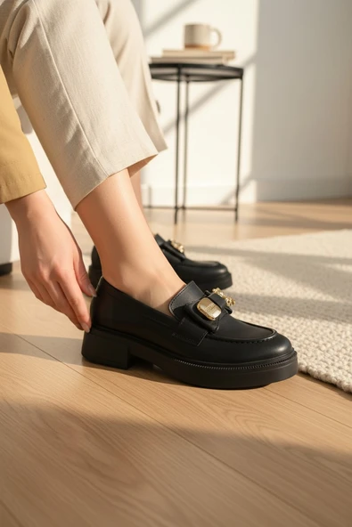 Enoch Kadın Gold Kare Plaka Detaylı Comfort Tabanlı Maskülen Loafer ürün görseli 1