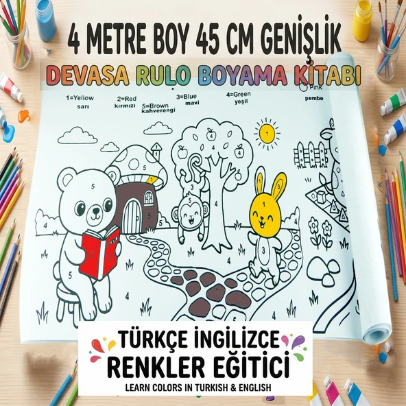 Devasa Rulo Boyama Kitabı 4 Metre Sayılarla Boyama Türkçe İngilizce Renk Öğreten Aktivite Kitabı Çocuklar İçin ürün görseli 1