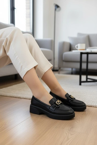 Enoch Kadın Gold Geometrik Tokalı Comfort Tabanlı Maskülen Loafer ürün görseli 1