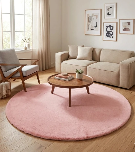 Carpet Dekor İthal Peluş Yumuşak Dekoratif Halı Yuvarlak Pembe ürün görseli 1