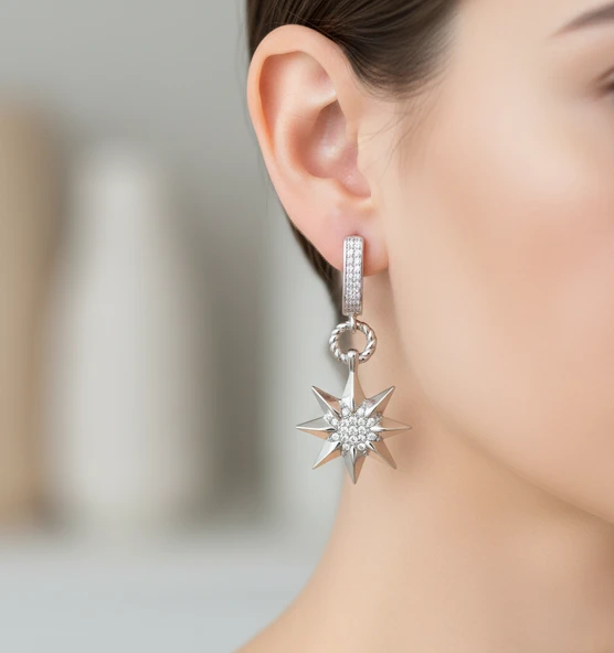 Çelik Kadın Yıldız Model Zirkon Taşlı Gümüş Renk Sallantılı Küpe ürün görseli 1