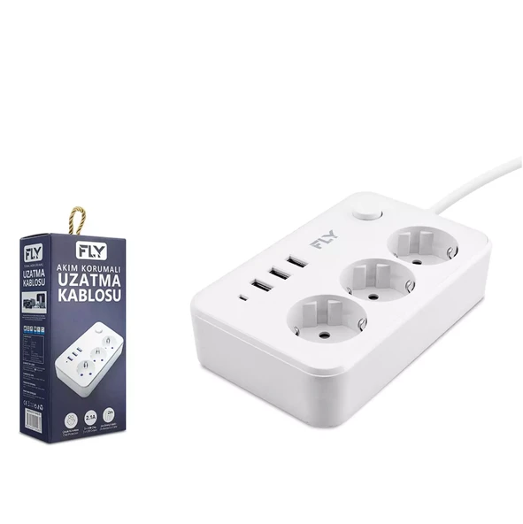Fly 3406-01 Termal Akım Korumalı Uzatma Kablosu 3*Priz 3*Usb + Anahtar 2.1A 2M Beyaz ürün görseli 1