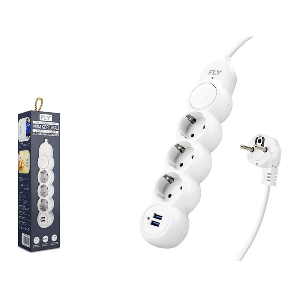 Fly 3393-01 Termal Akım Korumalı Uzatma Kablosu 3*Priz 2*Usb + Anahtar 2.1A 2M Beyaz ürün görseli 1