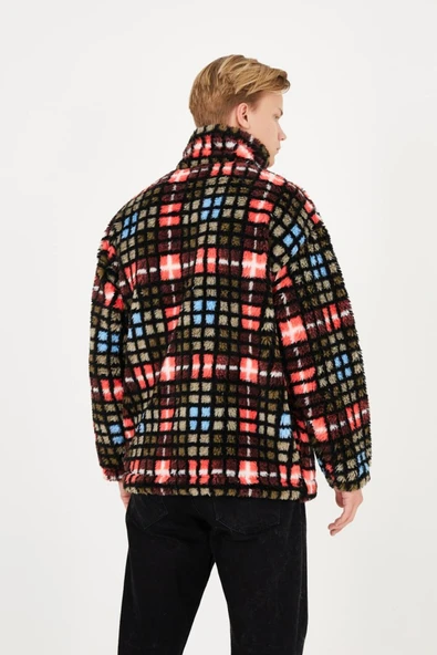 Leopar Ve Kare Desenli Yünlü Unisex Ceket ürün görseli 1