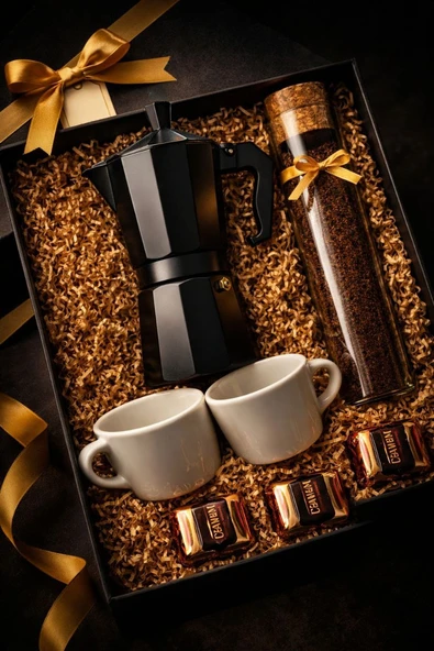 Siyah Moka Pot 3 Cup (150 ml) Kahve Hediye Seti - Özel Filtre Kahve ve 2'li Fincan Konsept Kutu ürün görseli 1