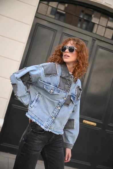 Patch Work Püskül Detay Denim Ceket - Resim 6