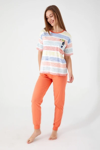 Roly Poly Premium Kadın Sloping Krem Pamuklu Paçası Manşetli Kısa Kollu Pijama Takım ürün görseli 1