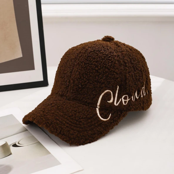 Valkyrie Peluş Şapka Kadın Erkek Unisex Kışlık Şapka Cloud Nakışlı Ayarlanabilir Bej Teddy Şapka Koyu Kahve ürün görseli 1