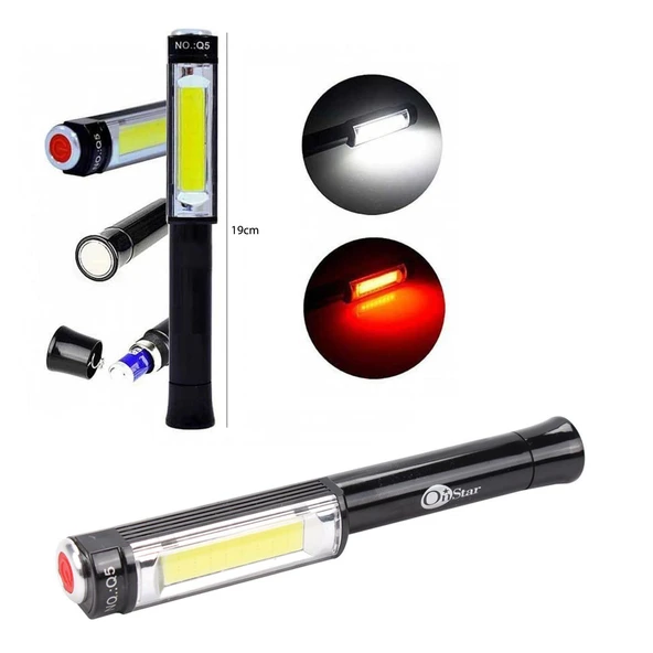 ONSTAR-Q5 El Feneri Pilli Kırmızı Flaşörlü Cob Led 5 Watt Mıknatıslı (E-34) ürün görseli 1