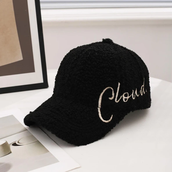 Valkyrie Peluş Şapka Kadın Erkek Unisex Kışlık Şapka Cloud Nakışlı Ayarlanabilir Bej Teddy Şapka Siyah ürün görseli 1