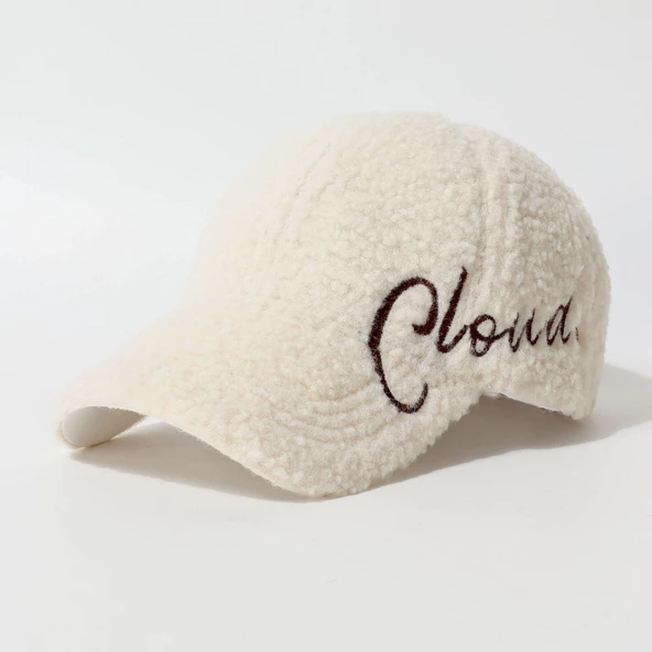 Valkyrie Peluş Şapka Kadın Erkek Unisex Kışlık Şapka Cloud Nakışlı Ayarlanabilir Bej Teddy Şapka Beyaz ürün görseli 1