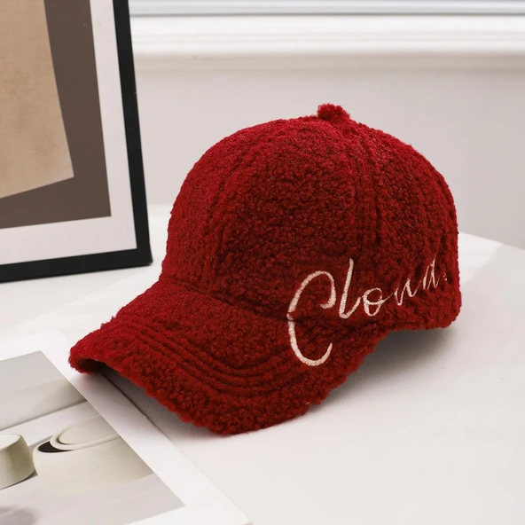 Valkyrie Peluş Şapka Kadın Erkek Unisex Kışlık Şapka Cloud Nakışlı Ayarlanabilir Bej Teddy Şapka Kırmızı ürün görseli 1