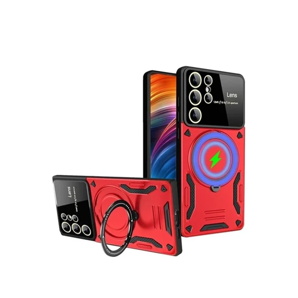 Samsung Galaxy S24 Ultra Uyumlu Kılıf Joy Lens Standlı Kapak - Kırmızı ürün görseli 1