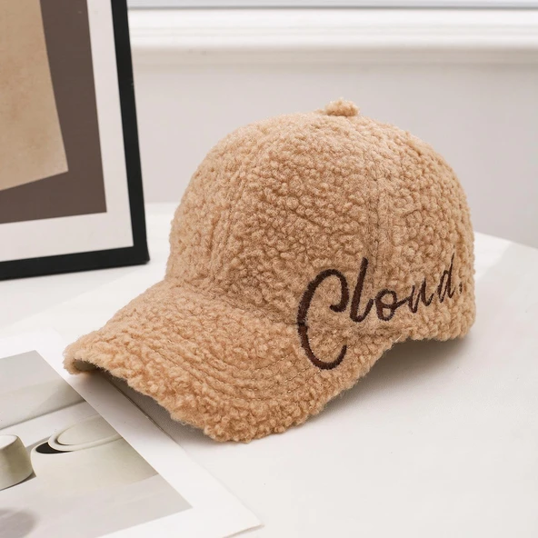 Valkyrie Peluş Şapka Kadın Erkek Unisex Kışlık Şapka Cloud Nakışlı Ayarlanabilir Bej Teddy Şapka Kahve ürün görseli 1