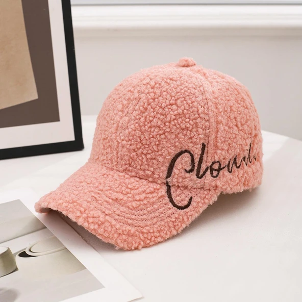 Valkyrie Peluş Şapka Kadın Erkek Unisex Kışlık Şapka Cloud Nakışlı Ayarlanabilir Bej Teddy Şapka Pembe ürün görseli 1