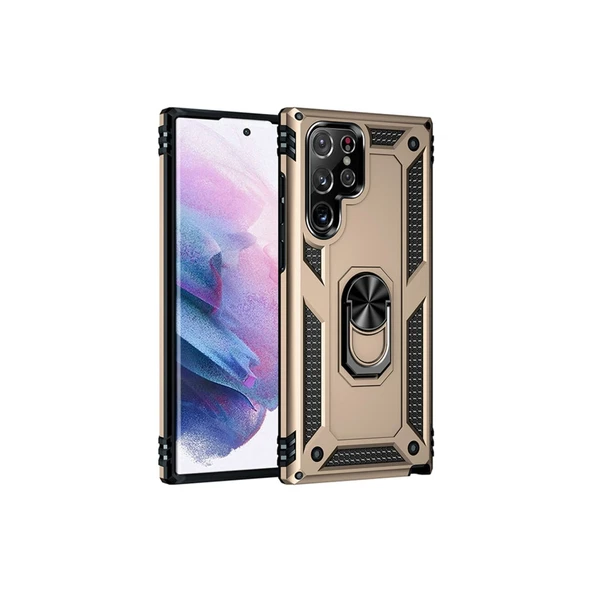Samsung Galaxy S21 Ultra Uyumlu Kılıf Sofya Yüzüklü Silikon Kapak - Gold ürün görseli 1