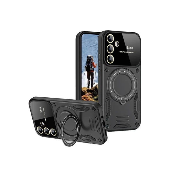 Samsung Galaxy S24 Fe Uyumlu Kılıf Joy Lens Standlı Kapak - Siyah ürün görseli 1