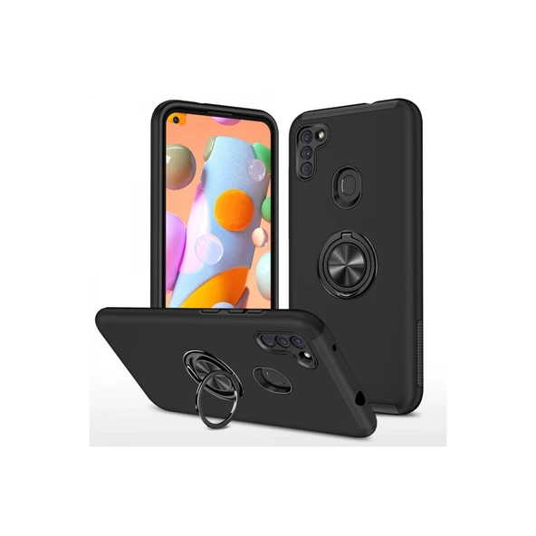 Samsung Galaxy A11 Uyumlu Kılıf Elit Yüzüklü Kapak - Siyah ürün görseli 1