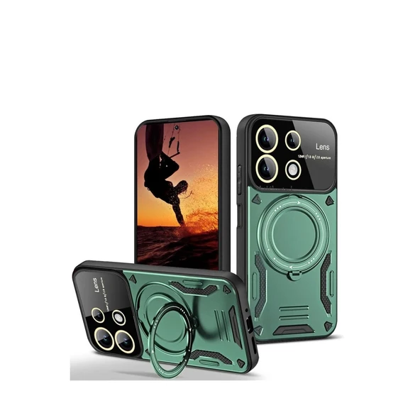 Xiaomi Redmi 13 4g Uyumlu Kılıf Joy Lens Standlı Kapak - Koyu Yeşil ürün görseli 1