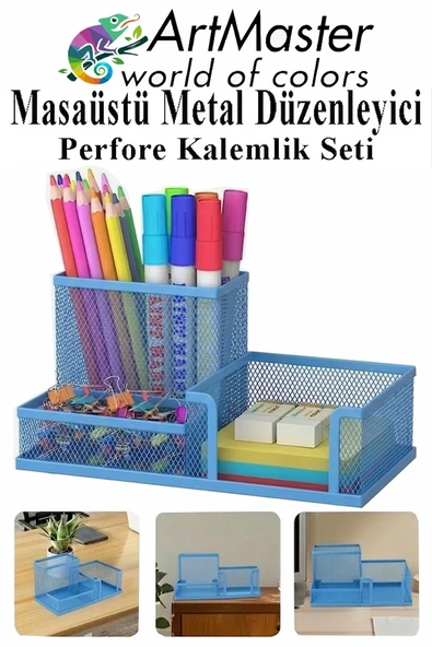 Mavi Masaüstü Metal Kalemlik Seti 3 lü Kombo 1 Paket Fileli Perfore Renkli Kalemlik Kağıtlık Küpnotluk Düzenleyici ürün görseli 1