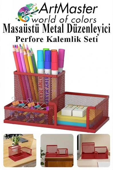 Kırmızı Masaüstü Metal Kalemlik Seti 3 lü Kombo 1 Paket Fileli Perfore Renkli Kalemlik Kağıtlık Küpnotluk Düzenleyici ürün görseli 1