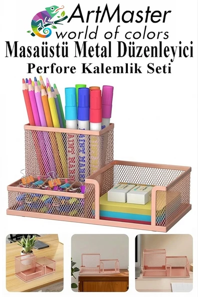 Bakır Yaldız Masaüstü Metal Kalemlik Seti 3 lü Kombo 1 Paket Fileli Perfore Renkli Kalemlik Kağıtlık Küpnotluk Düzenle ürün görseli 1