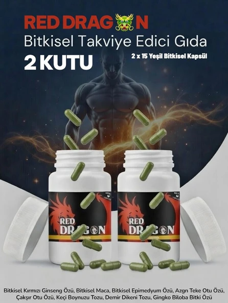 2 Kutu 2x15 Kapsül Red Drgn Bitkisel Kırmızı Ginseng,a.teke Otu,çakşır Otu,keçi Boynuzu Özü,maca Tozu,ep.medyum Özü Içeren Herbal Kapsül 2x15 Caps ürün görseli 1