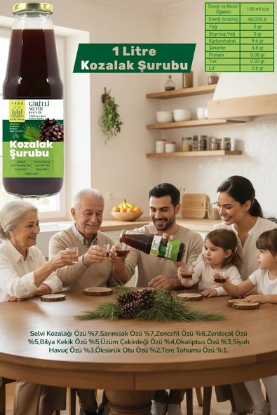 1000 ml Kozak Bergama Vakfı Kozalak Şurubu Giritli Metin Efendi Cam Şişe ürün görseli 1