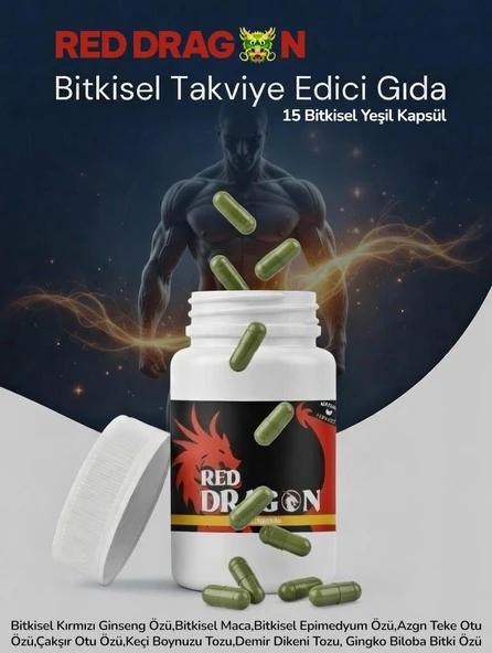 1 Kutu 15 Kapsül Red Drgn Bitkisel Kırmızı Ginseng,a.teke Otu,çakşır Otu,keçi Boynuzu Özü,maca Tozu,ep.medyum Özü Içeren Herbal Kapsül 15 Caps ürün görseli 1