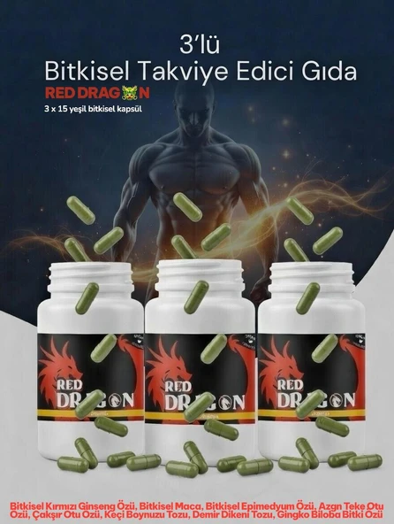 3 Kutu 3x15 Kapsül Red Drgn Bitkisel Kırmızı Ginseng,a.teke Otu,çakşır Otu,keçi Boynuzu Özü,maca Tozu,ep.medyum Özü Içeren Herbal Kapsül 3x15 Caps ürün görseli 1