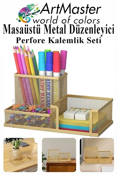 Altın Sarı Masaüstü Metal Kalemlik Seti 3 lü Kombo 1 Paket Fileli Perfore Renkli Kalemlik Kağıtlık Küpnotluk Düzenleyici ürün görseli 1