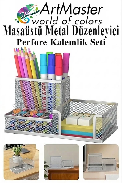 Gümüş Gri Masaüstü Metal Kalemlik Seti 3 lü Kombo 1 Paket Fileli Perfore Renkli Kalemlik Kağıtlık Küpnotluk Düzenleyici ürün görseli 1