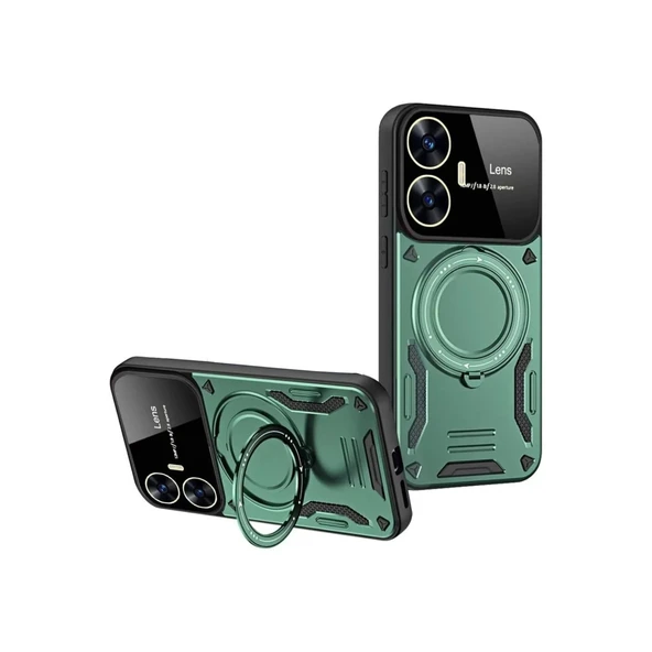 Realme C55 Uyumlu Kılıf Joy Lens Standlı Kapak - Koyu Yeşil ürün görseli 1